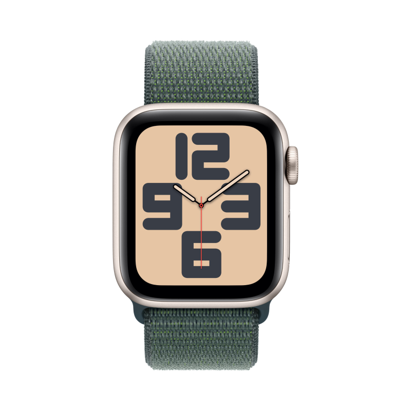 Apple Watch SE 2024, 40 мм, корпус из алюминия цвета «сияющая звезда», спортивный браслет зеленого цвета