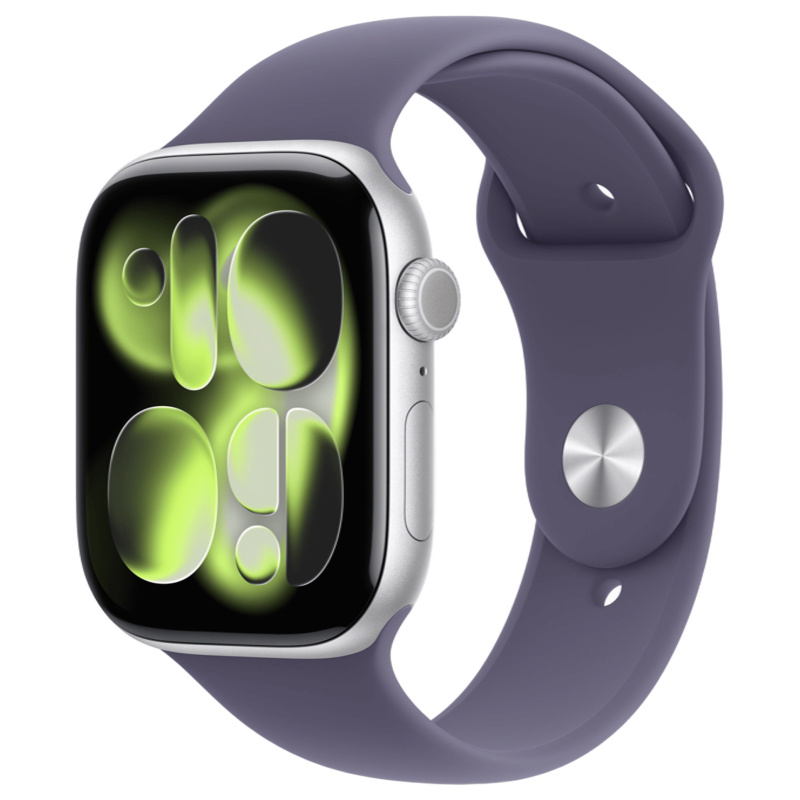 Apple Watch Series 11, 46 мм, алюминий цвета «Silver», спортивный ремешок "Purple Fog", S/M (MEV94)